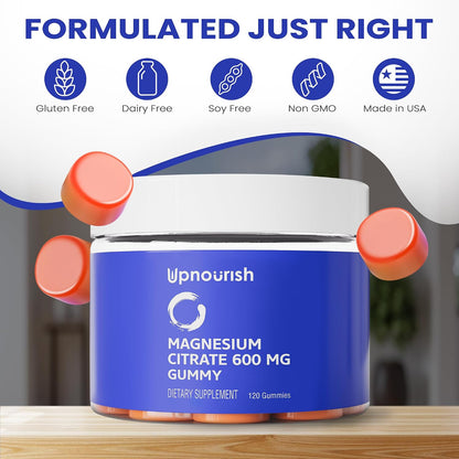 UpNourish Magnesium Gummies for Adults & Kids Magnesium Citrate Gummies 600mg, Calm Supplement for Muscle Relaxation, Bone and Digestive Health, Citrato de Magnesio, Vegan, Non-GMO, 120 Count - PrimeBioHealth - canada supplements