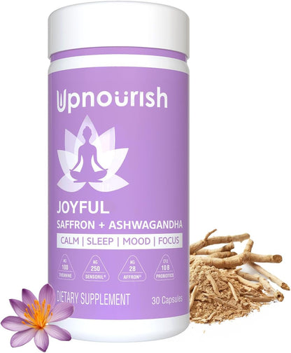 UpNourish Organic Ashwagandha Saffron Supplements with Probiotics - Stress Relief, Mood Enhancer, Calm Happy Pills Support Fatigue Focus Clarity with L-Theanine, Rhodiola, 30 Vegan Capsules - PrimeBioHealth - canada supplements