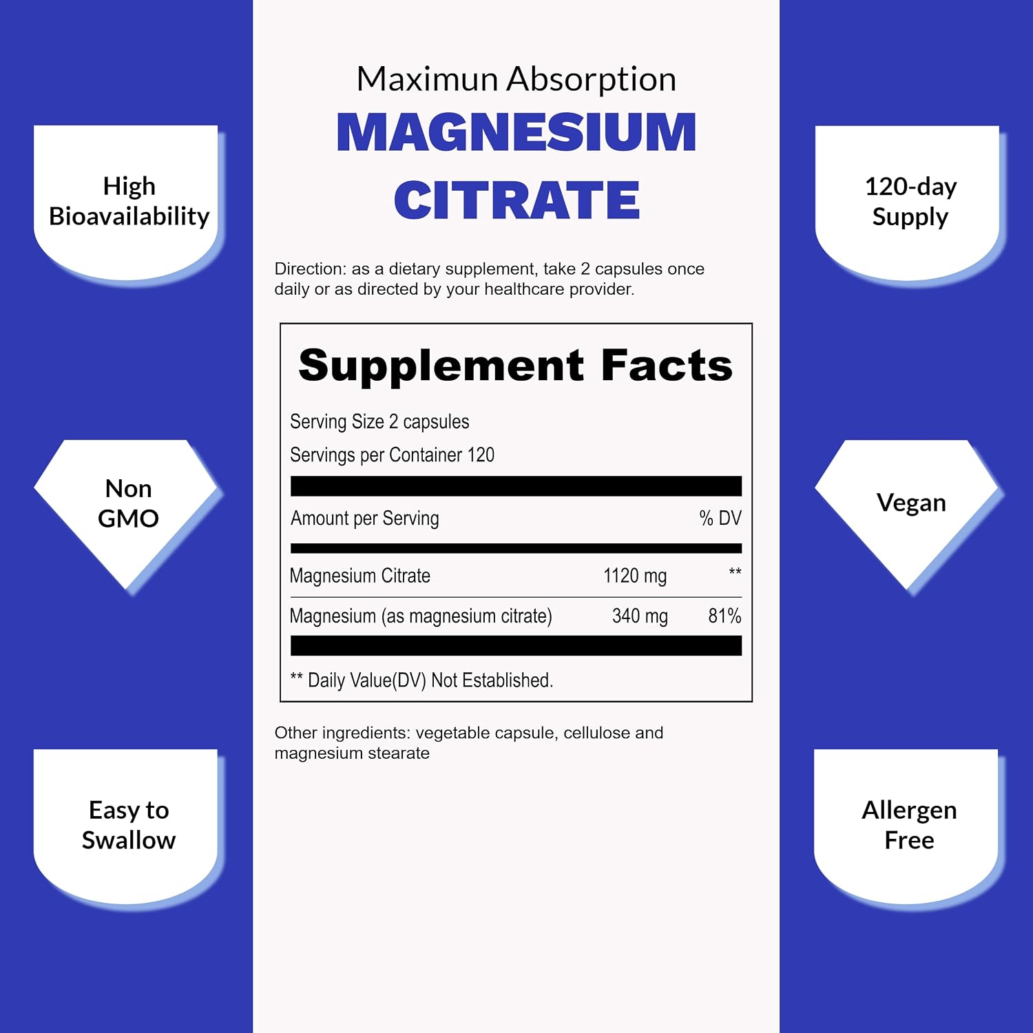 UpNourish Pure Magnesium Citrate (Citrato de Magnesio) 1120mg, 240 Capsules - High Absorption Magnesium Supplement for Women & Men - Natural Calm Magnesium for Constipation, Relax, Cramp Defense - PrimeBioHealth - canada supplements