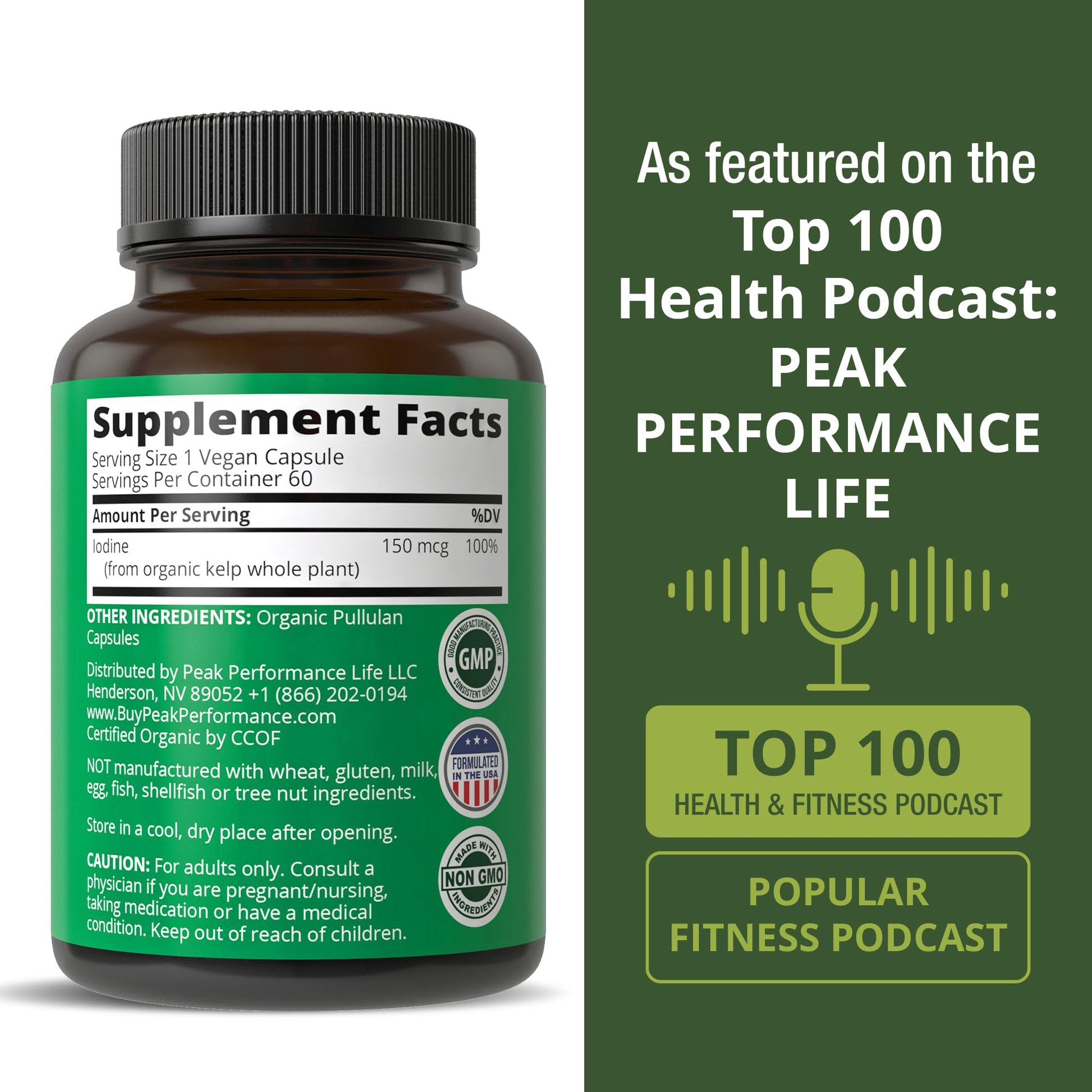 USDA Organic Raw Whole Food Iodine Supplement from Kelp (Ascophyllum Nodosum) - Potassium Iodide Tablets Alternative - for Thyroid, Energy, and Immune Support - 60 Vegan Capsules by Peak Performance - PrimeBioHealth - canada supplements