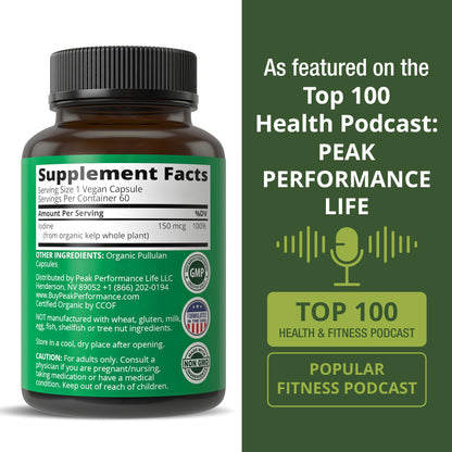 USDA Organic Raw Whole Food Iodine Supplement from Kelp (Ascophyllum Nodosum) - Potassium Iodide Tablets Alternative - for Thyroid, Energy, and Immune Support - 60 Vegan Capsules by Peak Performance - PrimeBioHealth - canada supplements