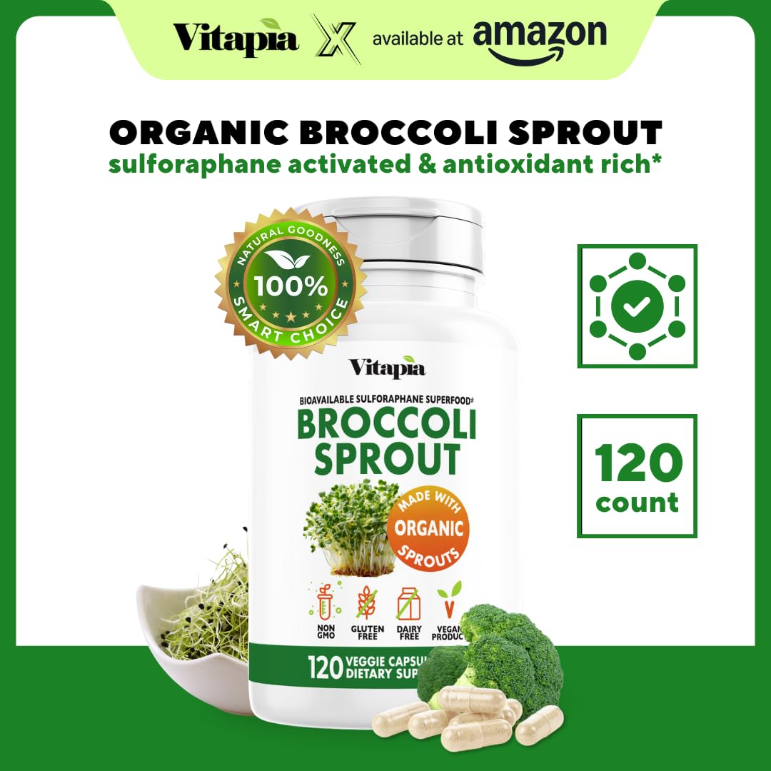 Vitapia Organic Broccoli Sprout & Broccoli Extract for Sulforaphane, Antioxidant, Brain, Skin, Heart Health Support - 120 Veggie Capsules - Non-GMO, Gluten-Free, Vegan-Friendly Supplement - PrimeBioHealth - canada supplements