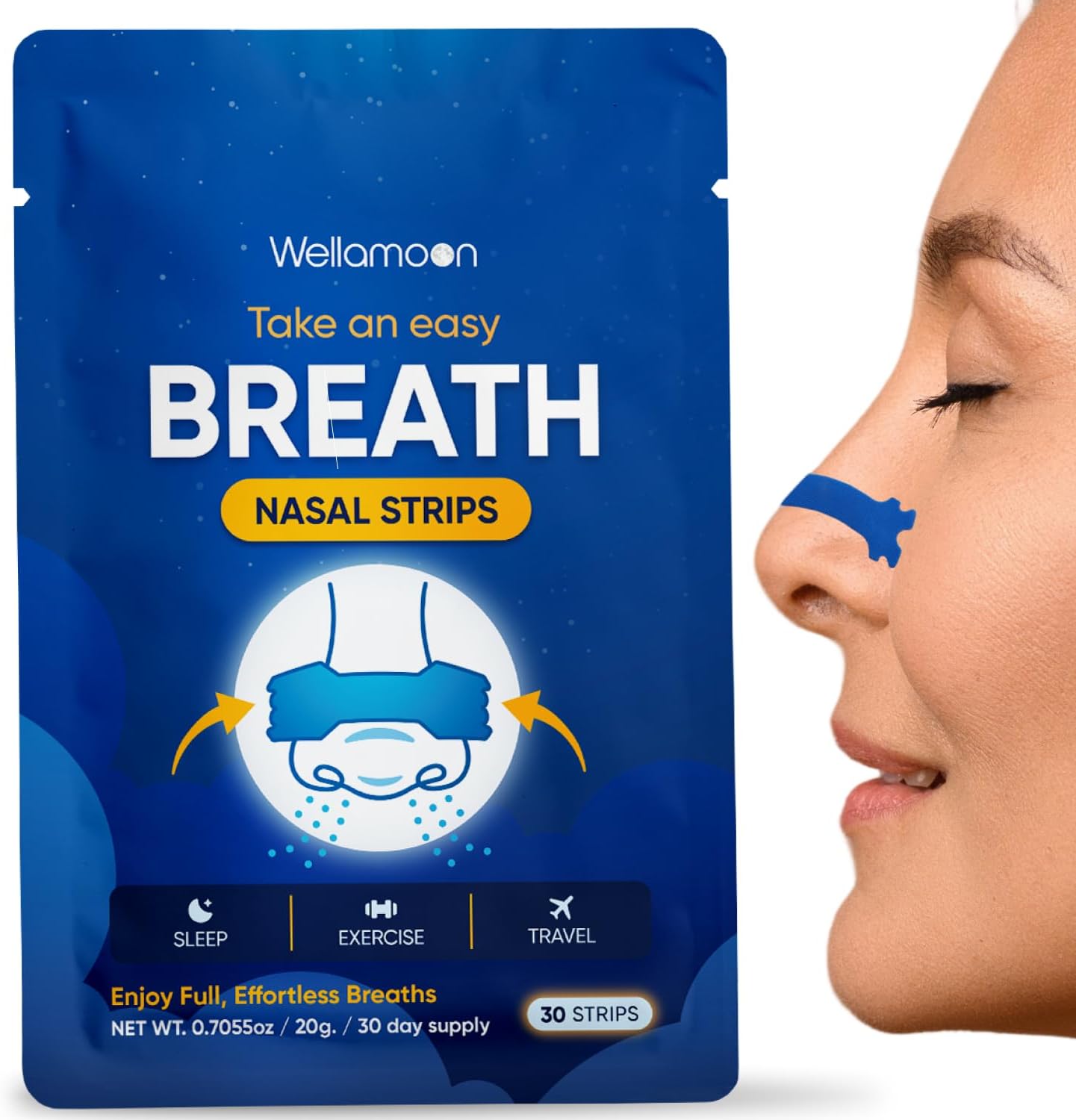 Wellamoon Nose Strips for Breathing (30 Ct) - Breathe Easy & Right Nasal Strips for Snoring & Sleeping - Oil & Sweat Proof Adhesive Snoring Solution- Improves Oxygen Intake, Sleep & Reduces Snoring - PrimeBioHealth - canada supplements