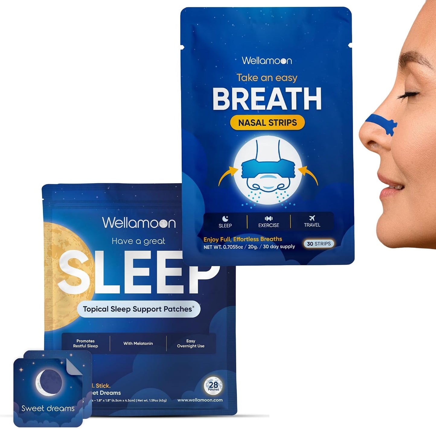 Wellamoon Sleep & Nasal Strip Bundle — Night-time Patch + Nasal Breathing Strips for Better Rest & Comfort - PrimeBioHealth - canada supplements