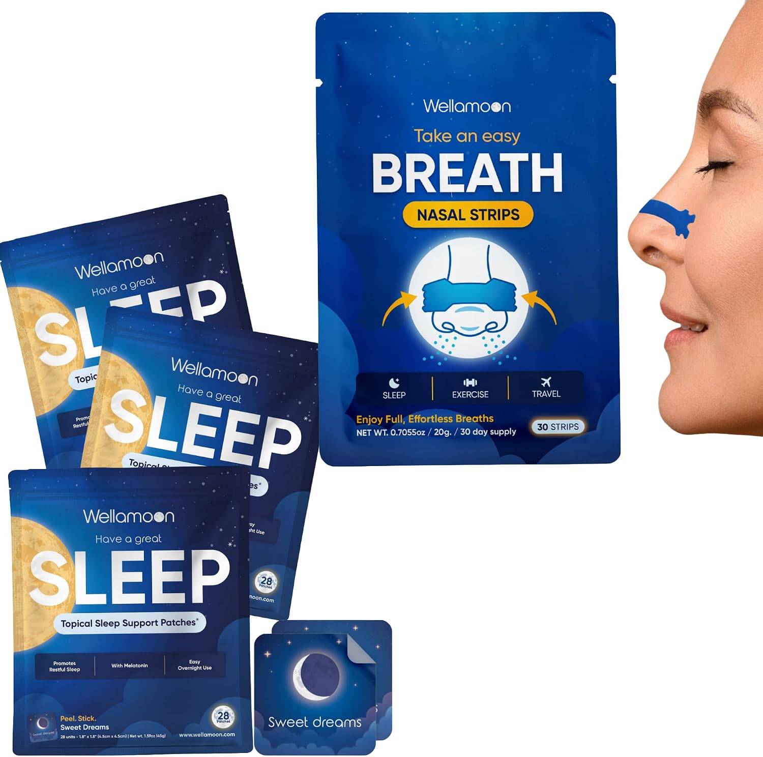 Wellamoon Sleep & Nasal Strip Bundle — Night-time Patch + Nasal Breathing Strips for Better Rest & Comfort - PrimeBioHealth - canada supplements