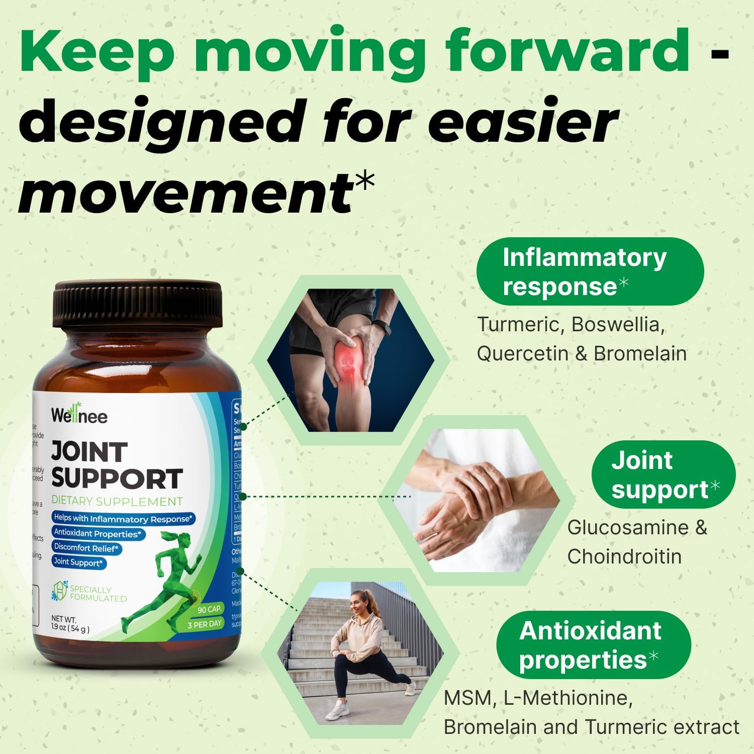Wellnee Joint Support Supplement - Glucosamine Chondroitin MSM, Boswellia & Turmeric - Relieves Joint Discomfort & Supports Flexibility - Wellknee Joint Support - 90 Capsules, 30 Servings - PrimeBioHealth - canada supplements