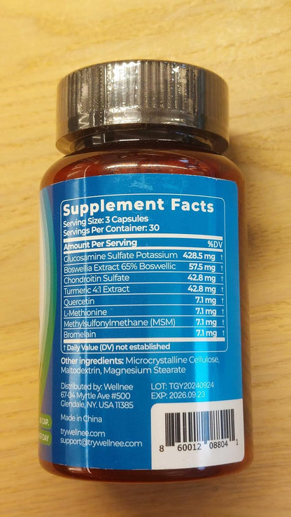 Wellnee Joint Support Supplement - Glucosamine Chondroitin MSM, Boswellia & Turmeric - Relieves Joint Discomfort & Supports Flexibility - Wellknee Joint Support - 90 Capsules, 30 Servings - PrimeBioHealth - canada supplements