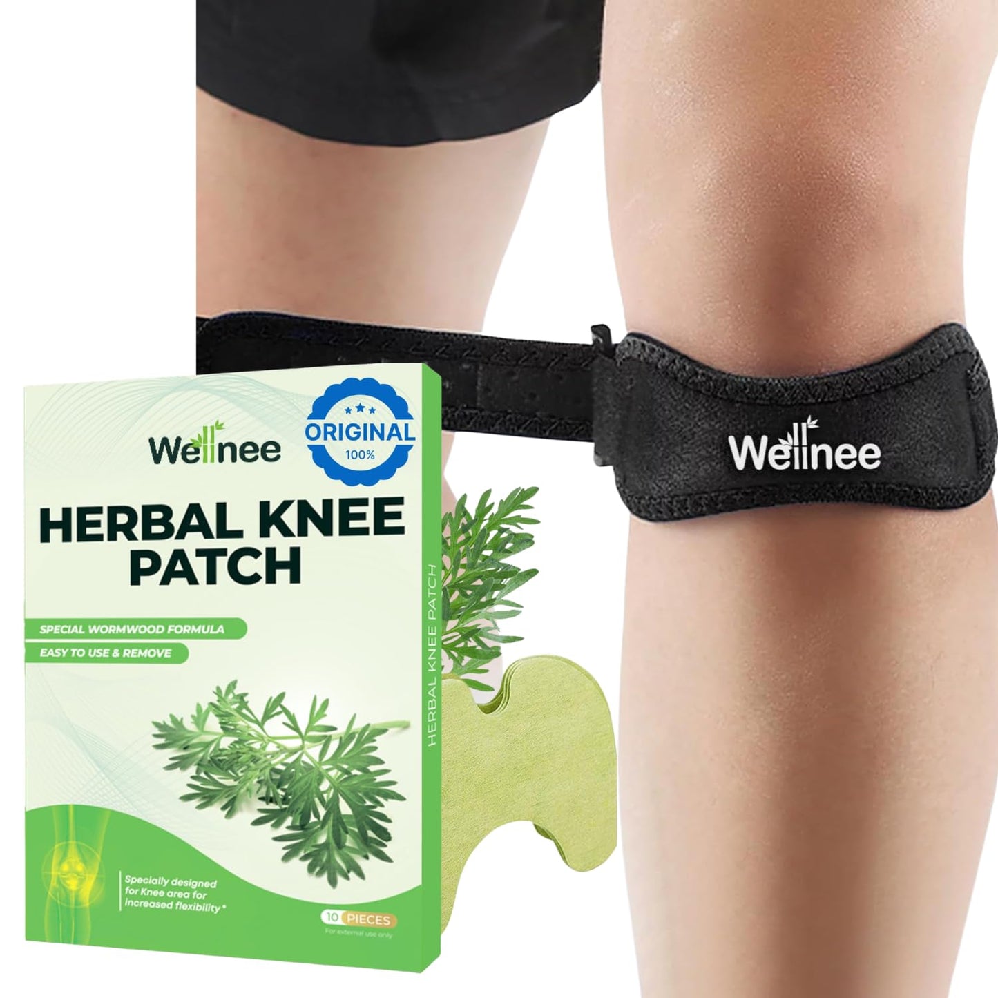 Wellnee Knee Support Bundle – Adjustable Patella Knee Strap + Herbal Knee Patches for Everyday Comfort, Activity & Recovery (1 Strap + 10 Patches) - PrimeBioHealth - canada supplements