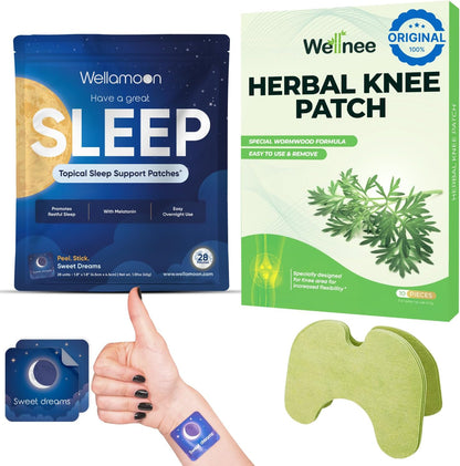 Wellnee & Wellamoon Wellness Pack: Herbal Knee Comfort Patches (10 Count) & Natural Sleep Support Patches (28 Count) – Joint & Muscle Comfort with Plant-Based Sleep Aid - PrimeBioHealth - canada supplements