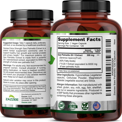Zazzee Extra Strength Saw Palmetto 20:1 Extract, 40% Fatty Acids, 120 Vegan Capsules, 4 Month Supply, Serenoa Repens, Daily Wellness & Men’s Health Support, Herbal Supplement, Non-GMO, Made in the USA - PrimeBioHealth - canada supplements